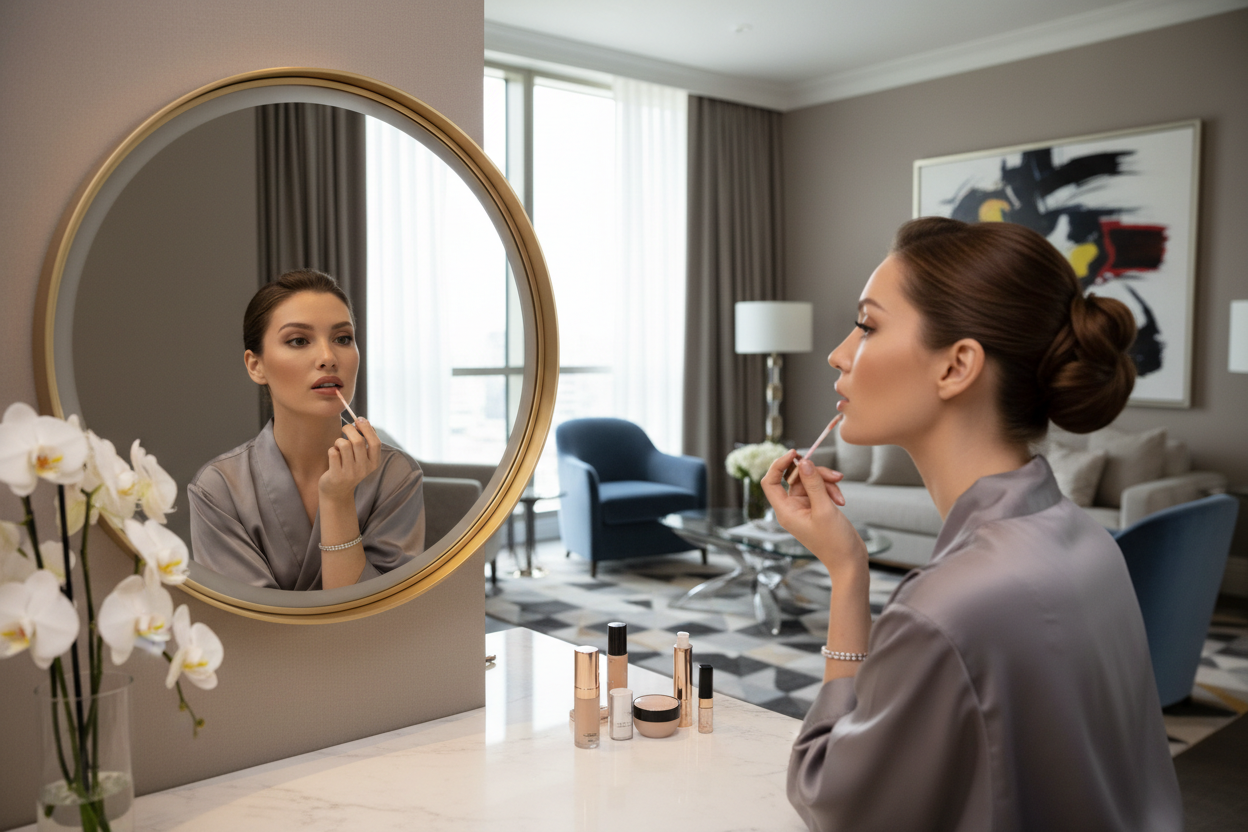 Beautifull women addicting lip glose in her own mouth look her self in a mirror the back ground of her is a room with stylish design and space that is eye attrating 